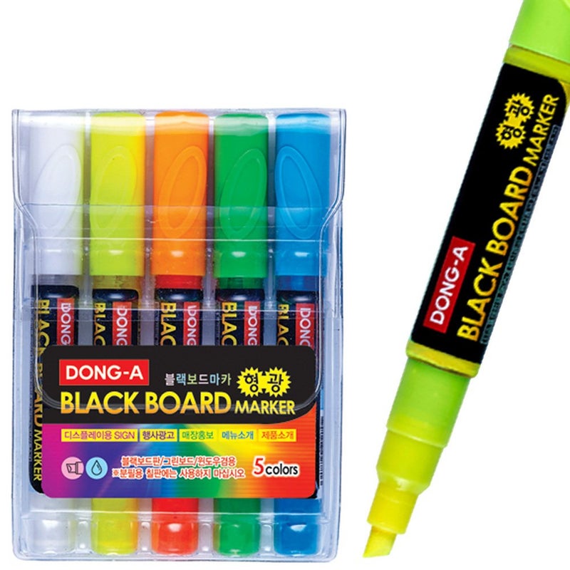 Dong-a 5 Color Fluorescent Neon Liquid Dry-erase Marker Pen Set for LED Black Menu Board,acrylic, Window (Green, Orange, White, Yellow, Blue) - Image 1